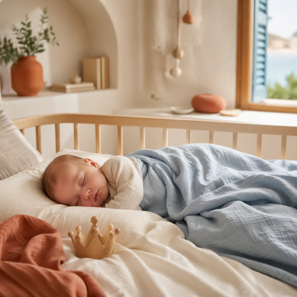 Sleeping baby in a warm pastel Spanish-inspired nursery with soft blue and terracotta accents.