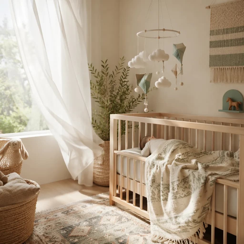 Soft pastel nursery with a sleeping baby, billowing curtains, and a cloud mobile.