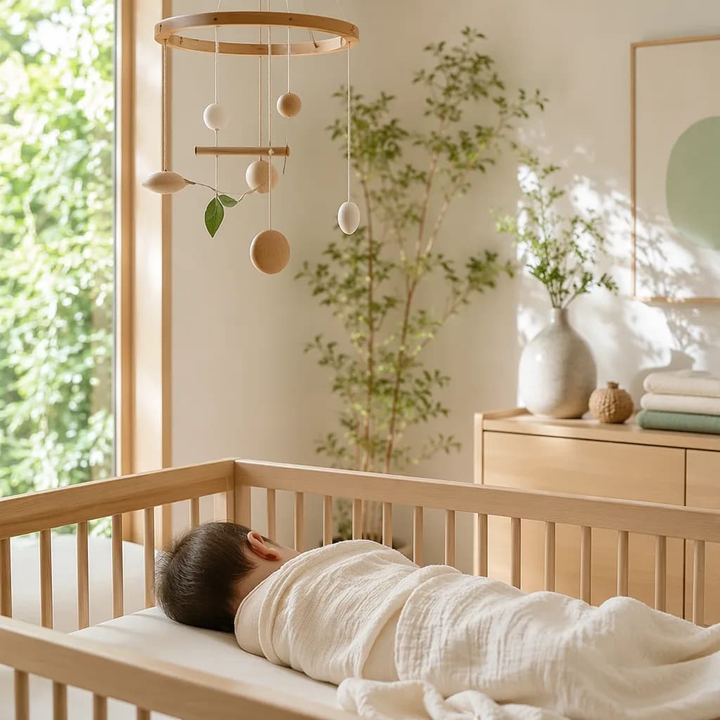 Serene Japanese-inspired nursery with a swaddled sleeping baby in soft natural light.
