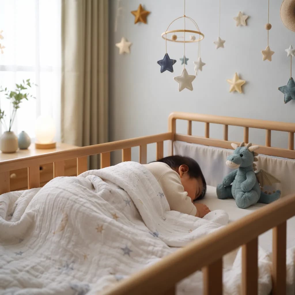 Sleeping baby in a soft Japanese-inspired nursery with stars and a dragon plush.