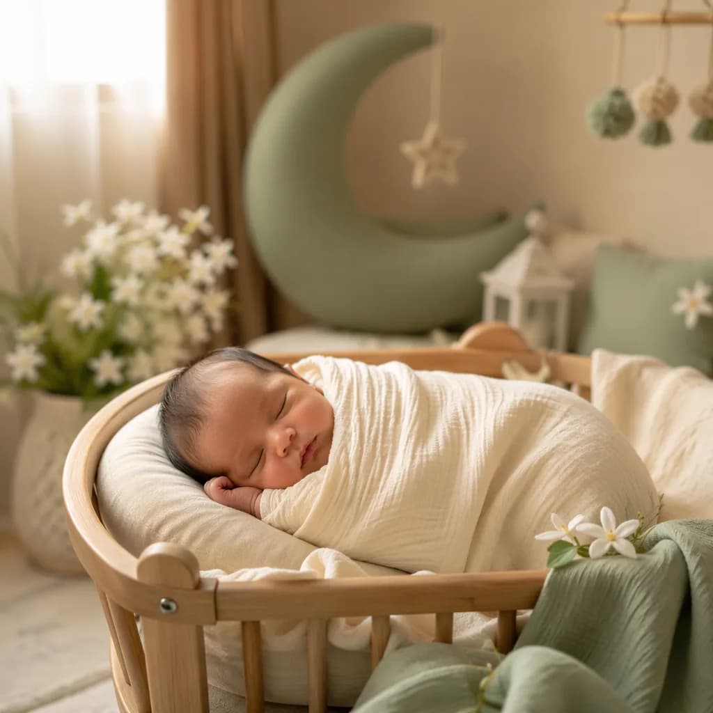 Peaceful newborn in a soft pastel nursery with jasmine and gentle natural light.
