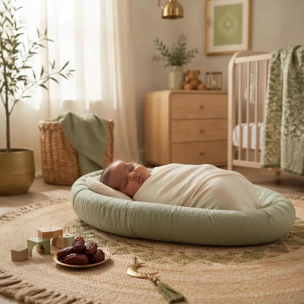 Sleeping baby in a warm pastel nursery with subtle South Asian-inspired decor.