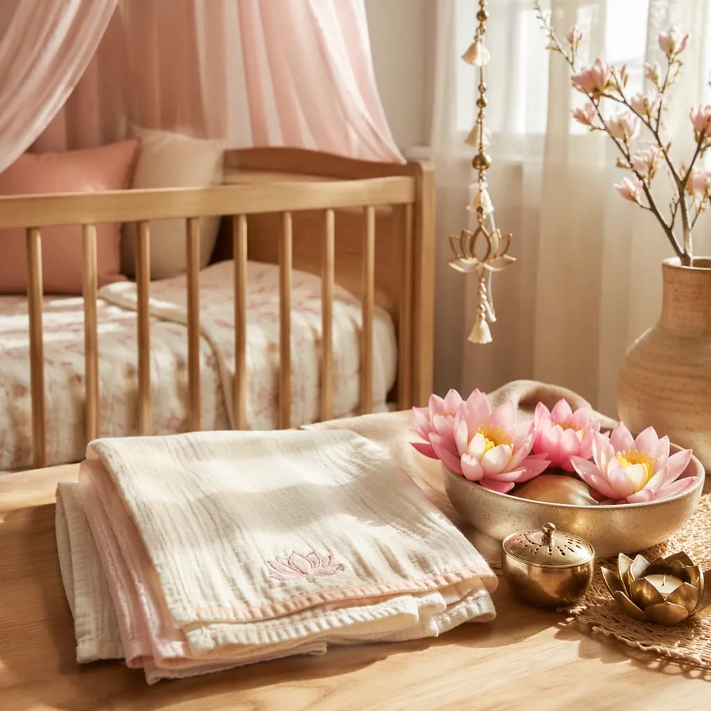 Soft pastel Indian-inspired nursery with lotus flowers and warm morning light.