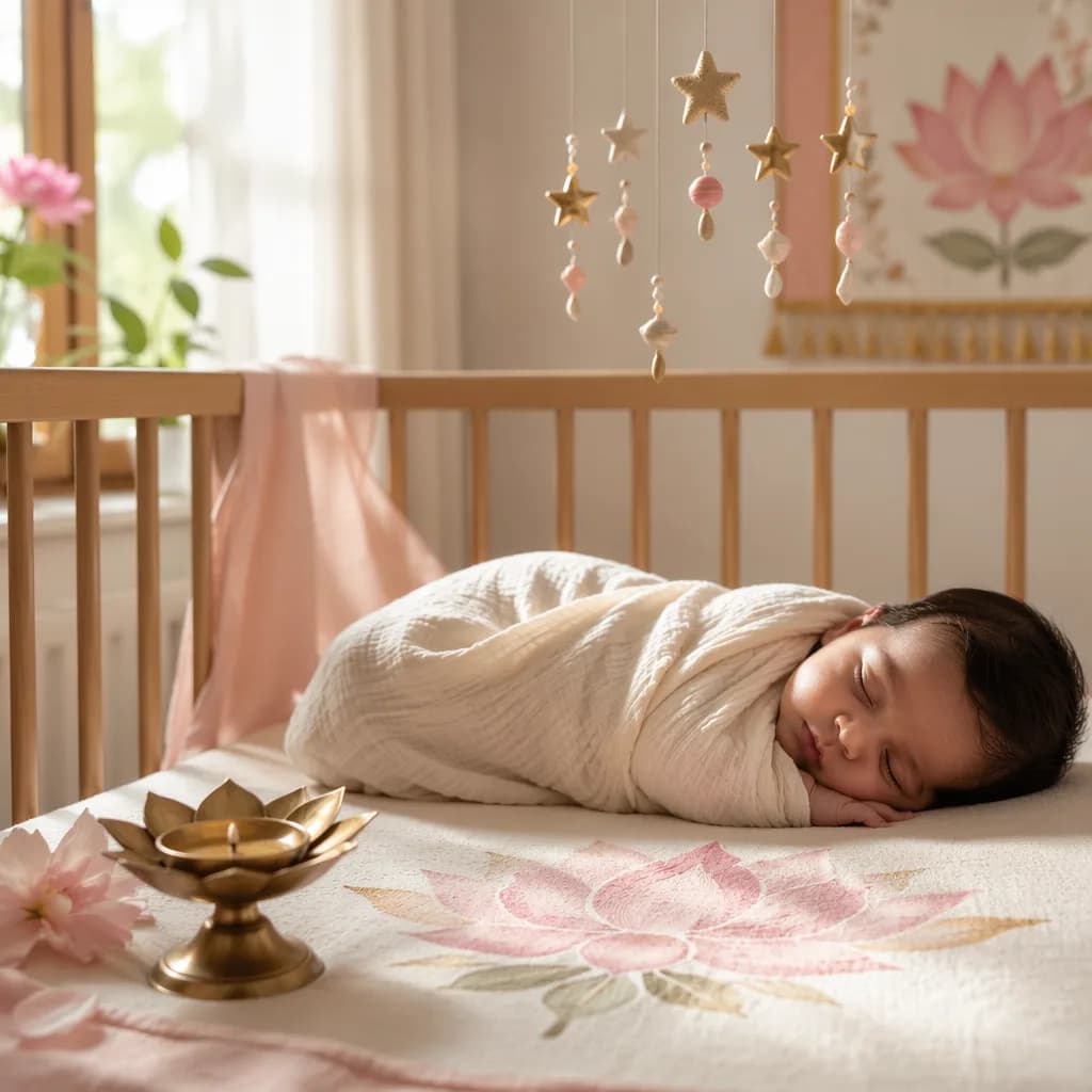 A softly lit nursery with a swaddled baby, lotus accents, and a star mobile.