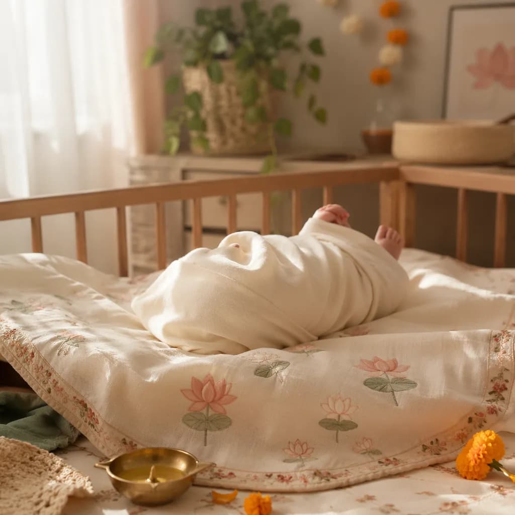 A softly lit nursery with a swaddled newborn, lotus blanket, and gentle Indian-inspired details.