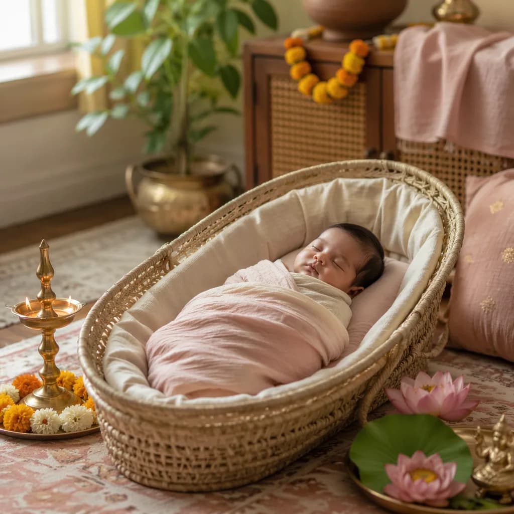 Peaceful newborn in a pastel Indian-inspired nursery with lotus and marigold details.