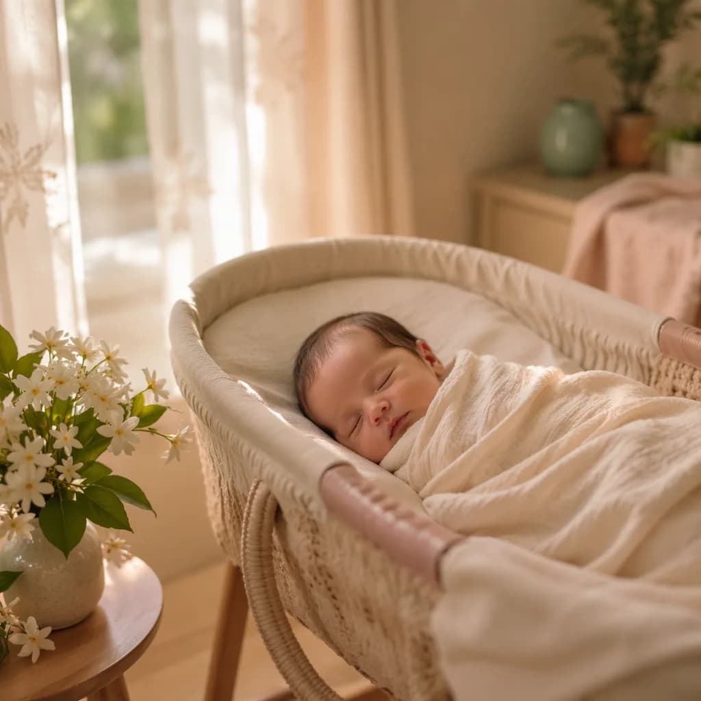 A peaceful newborn in a pastel nursery lit by soft morning light.