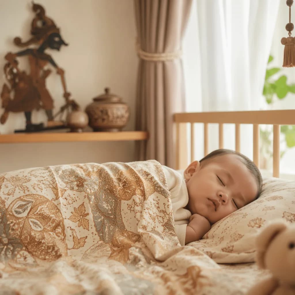 Sleeping Indonesian baby in a soft pastel nursery with subtle Javanese-inspired decor.