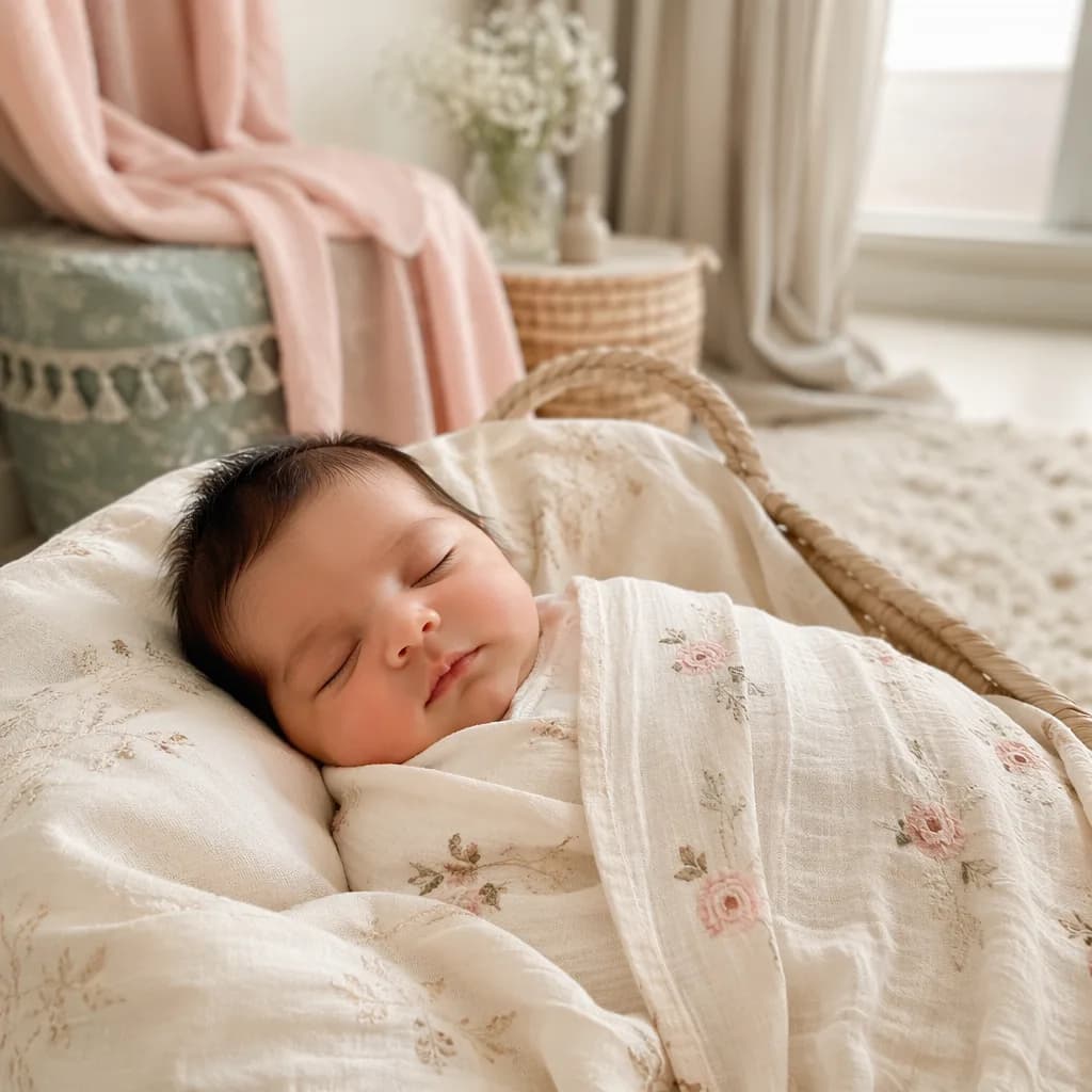 Peaceful newborn in a soft pastel nursery with warm natural light and rosy accents.