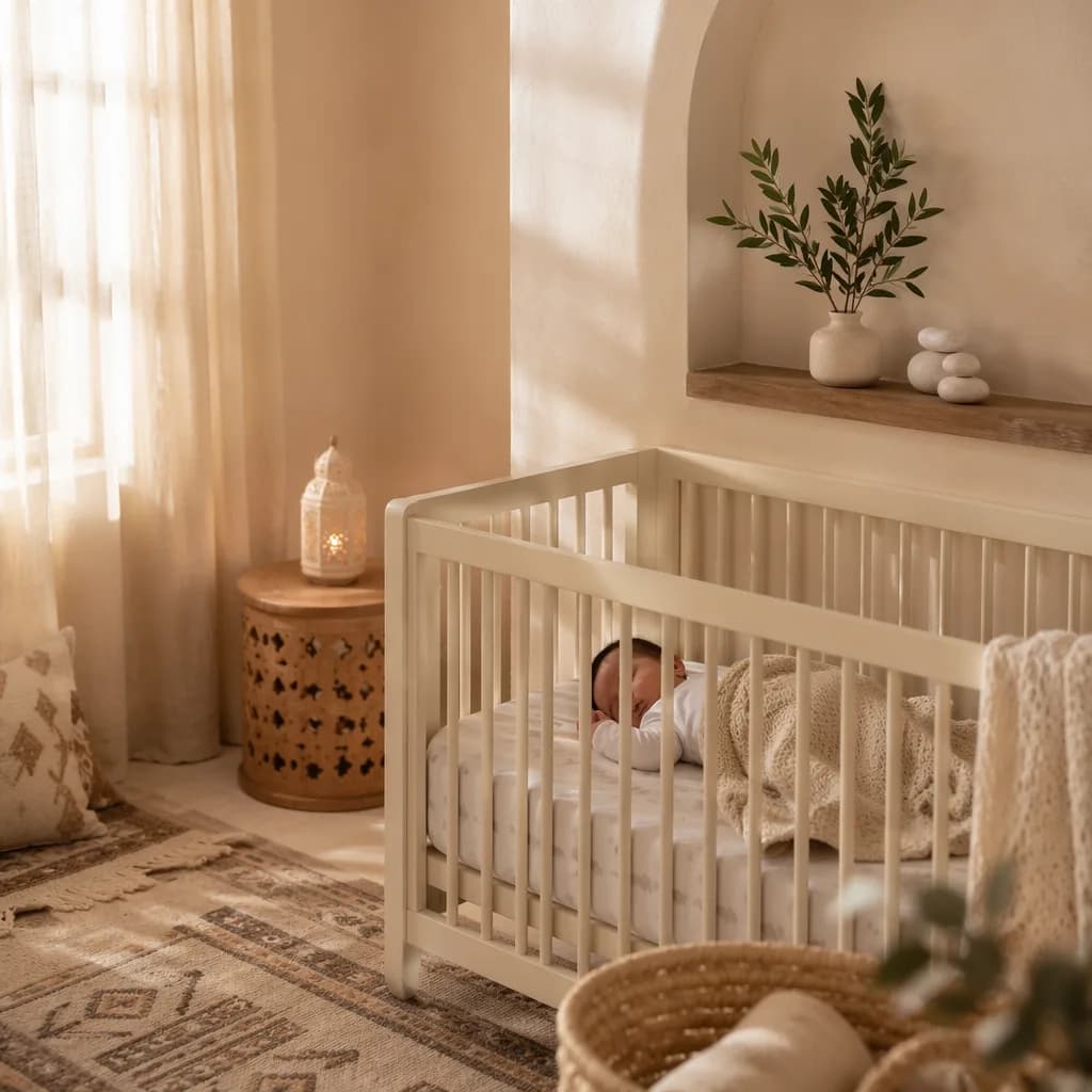Serene pastel nursery with a sleeping baby and subtle Arabic-inspired decor.