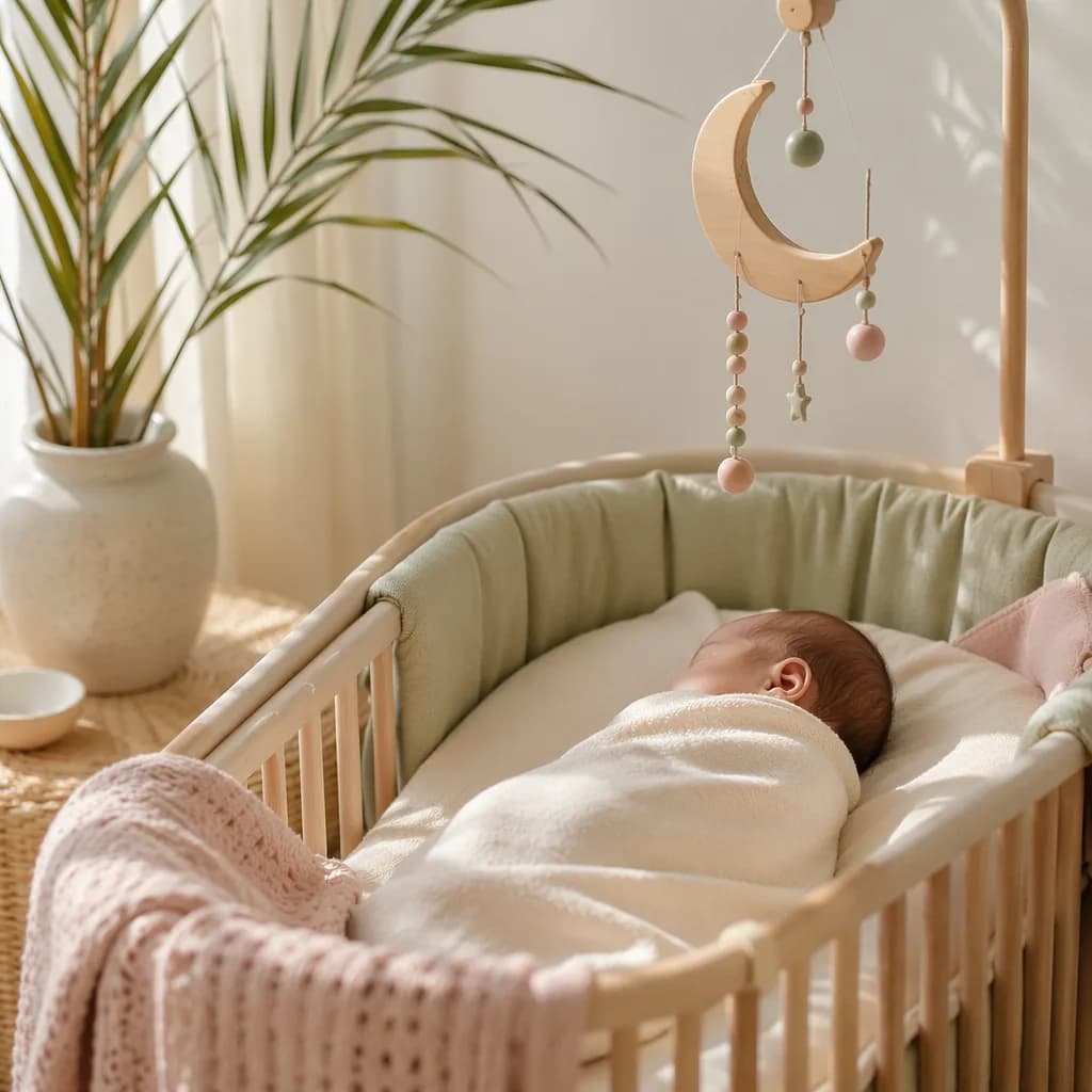 A serene newborn nursery with a sleeping swaddled baby, soft pastels, date palm accents, and gentle natural light.