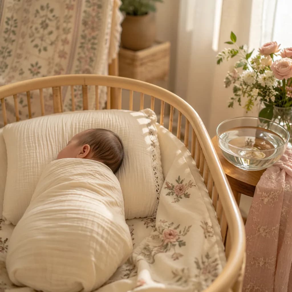 A serene pastel nursery with a swaddled newborn and soft symbolic details of purity and blessing.