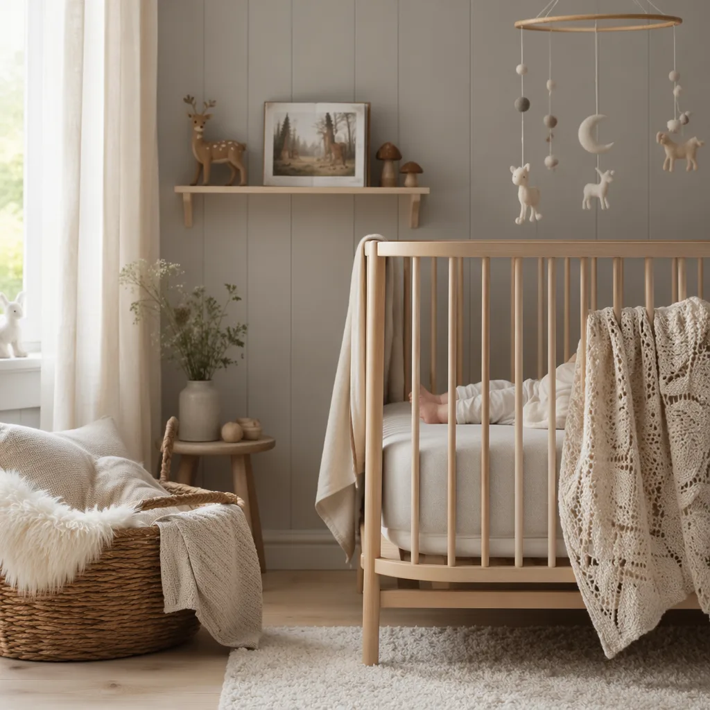 Soft pastel Scandinavian nursery with a crib, storybook, and cozy knitted blanket.