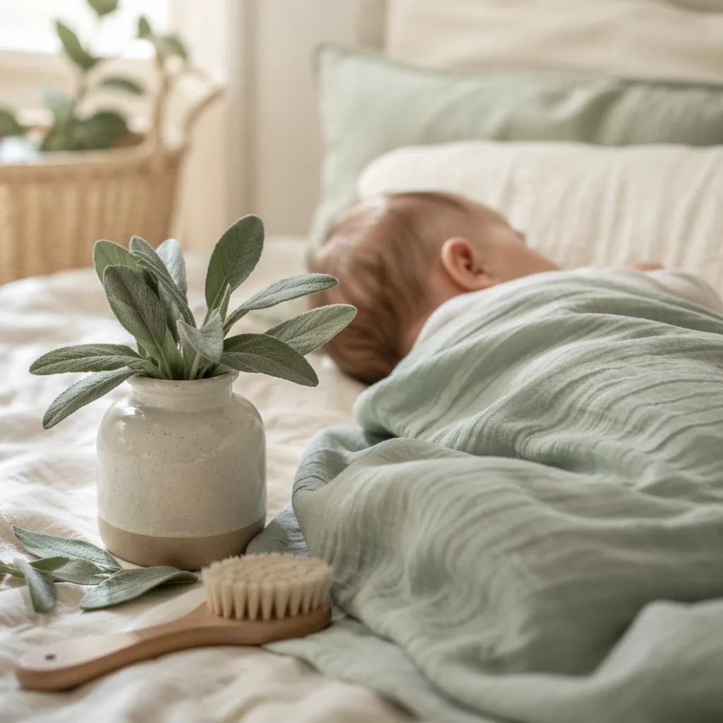 Soft sage-green nursery scene with a sleeping baby and fresh sage sprigs.