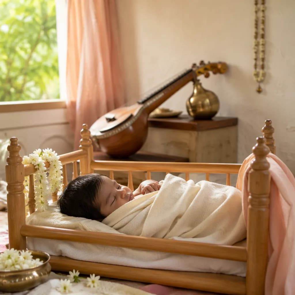 Peaceful Tamil-inspired nursery with a swaddled sleeping baby, jasmine flowers, and soft musical details.