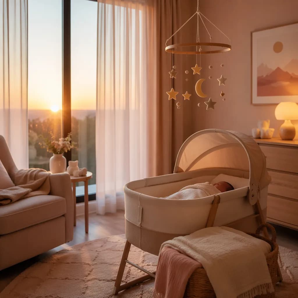 Soft dawn-lit nursery with a sleeping baby, evoking the Arabic name Sahar.