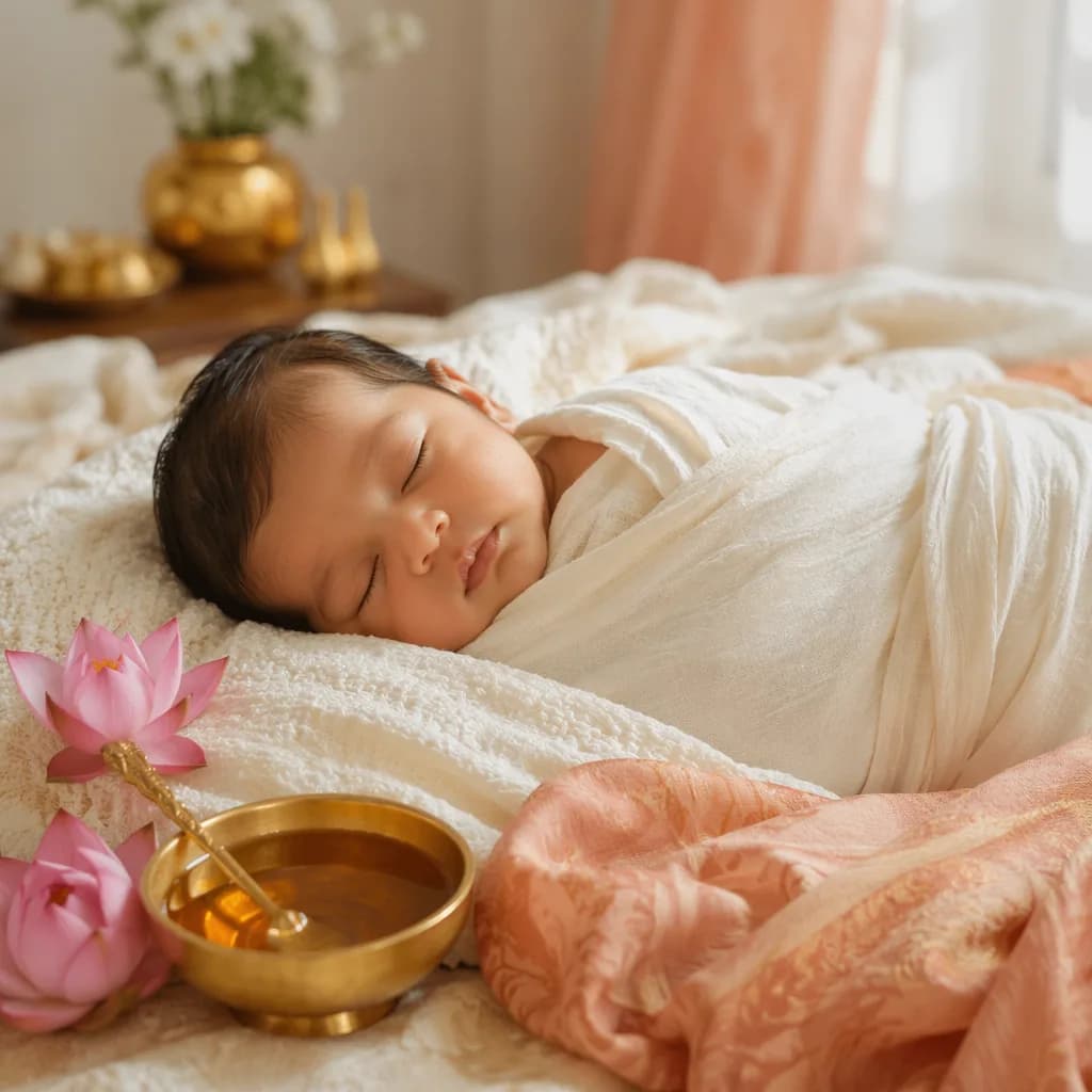 Peaceful swaddled baby in a soft nursery with lotus flowers and warm golden accents.