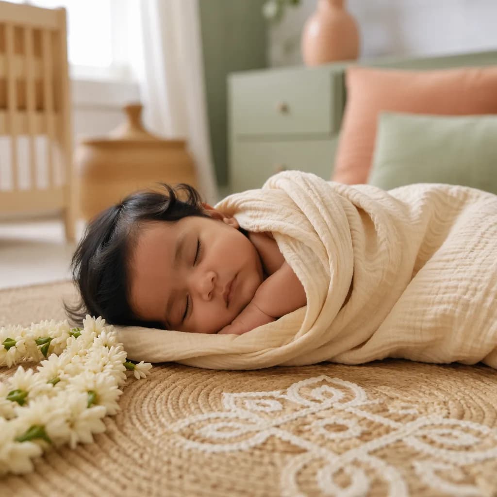 Peaceful Tamil baby in a soft pastel nursery with jasmine and kolam-inspired accents