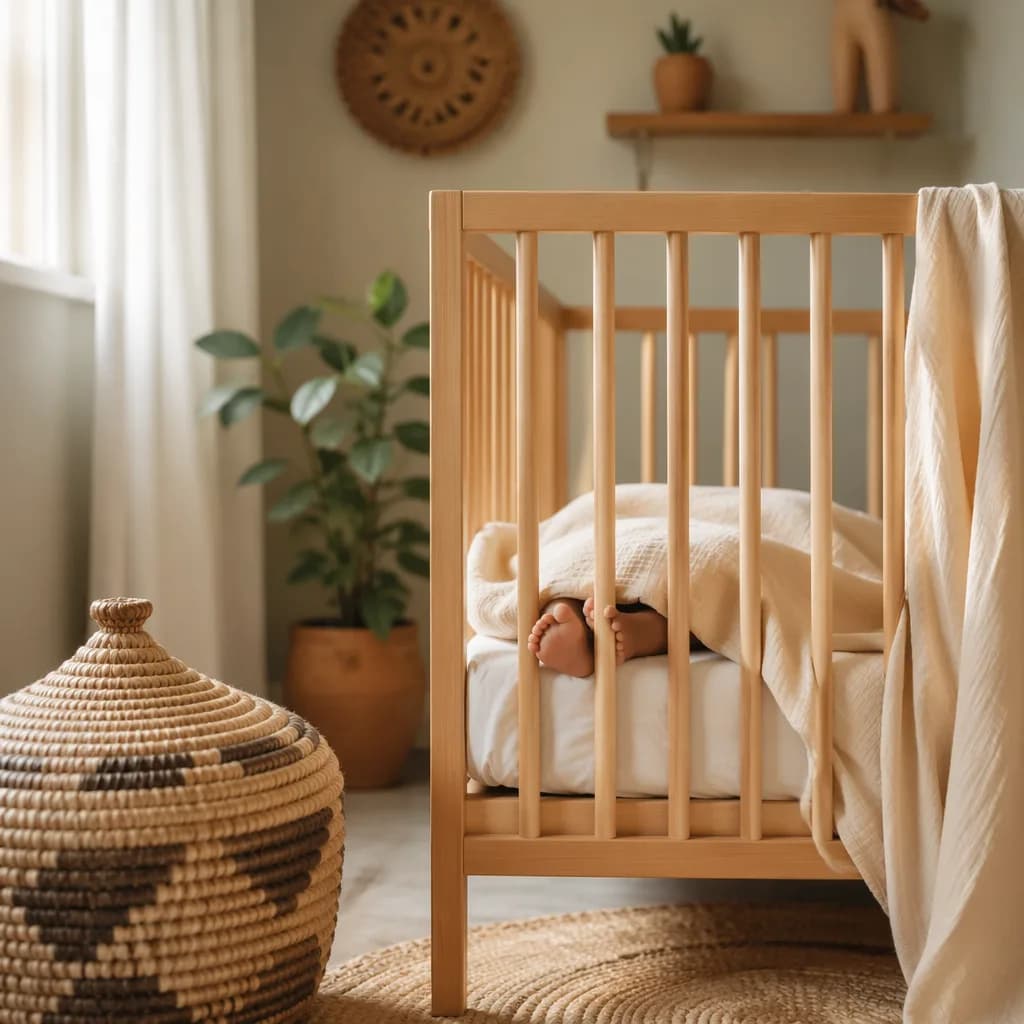 Soft pastel nursery with woven basket and tiny baby feet in gentle natural light