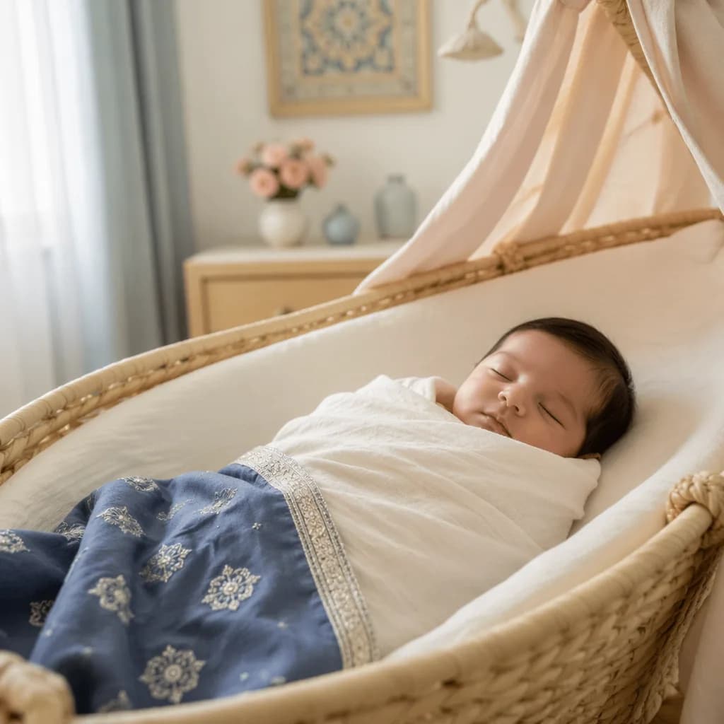 A peaceful newborn in a soft Urdu-inspired nursery with sapphire blue accents.