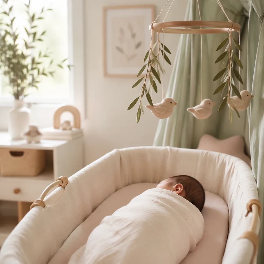 Serene pastel nursery with a swaddled sleeping baby and sparrow mobile.