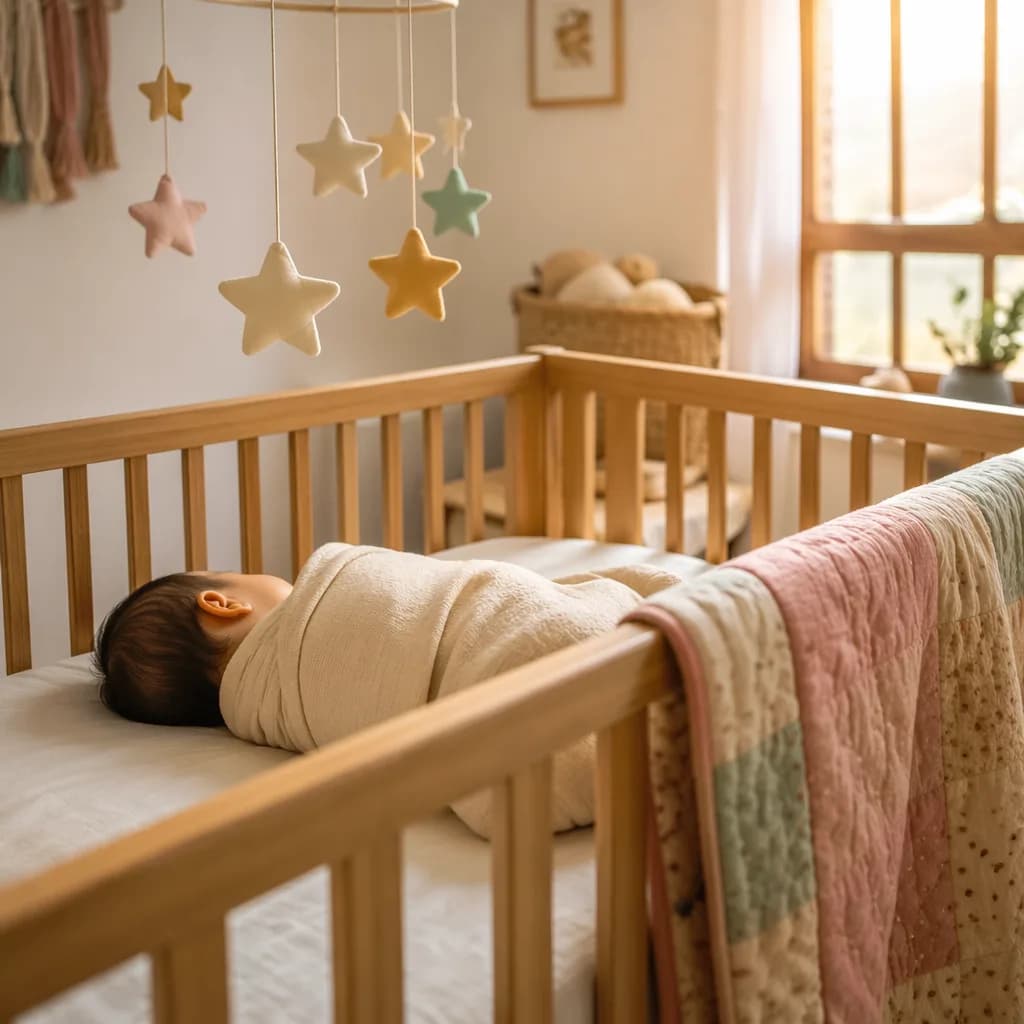 A peaceful Bengali-inspired nursery with a swaddled sleeping baby and soft star mobile.