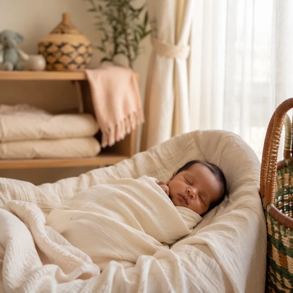 Peaceful sleeping newborn in a soft pastel nursery with woven accents