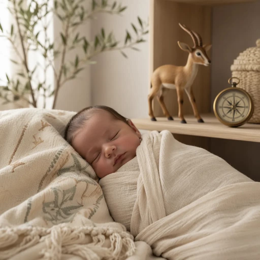 Sleeping swaddled baby in a warm pastel nursery with a toy gazelle and compass.