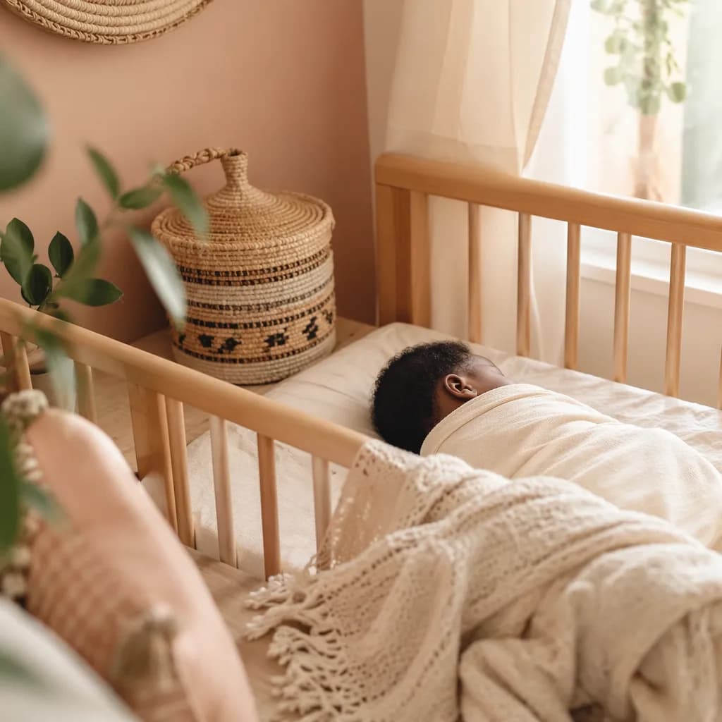 Peaceful sleeping baby in a soft, cozy nursery with woven accents.