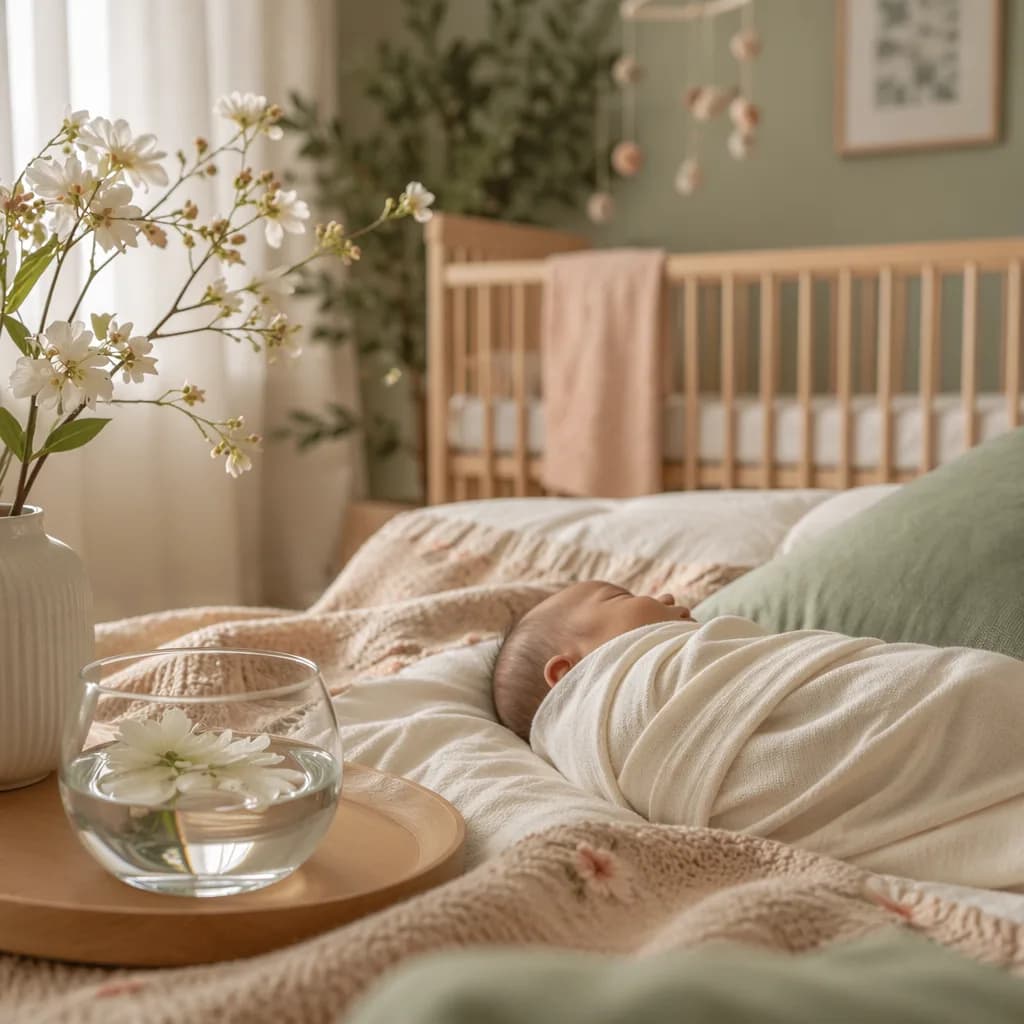 Peaceful pastel nursery with a swaddled baby, clear water, and white blossoms.