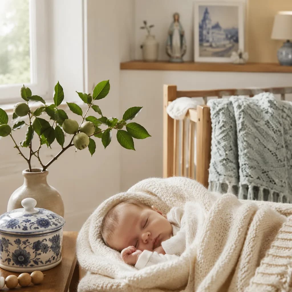 Sleeping baby in a soft Portuguese-inspired nursery with a walnut branch detail.