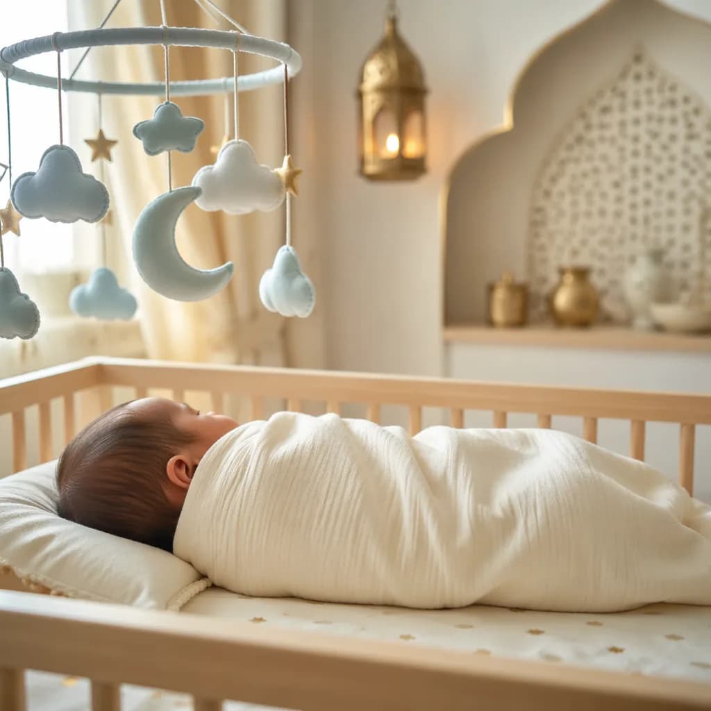 Sleeping swaddled baby in a soft pastel nursery with sky and crescent moon decor.