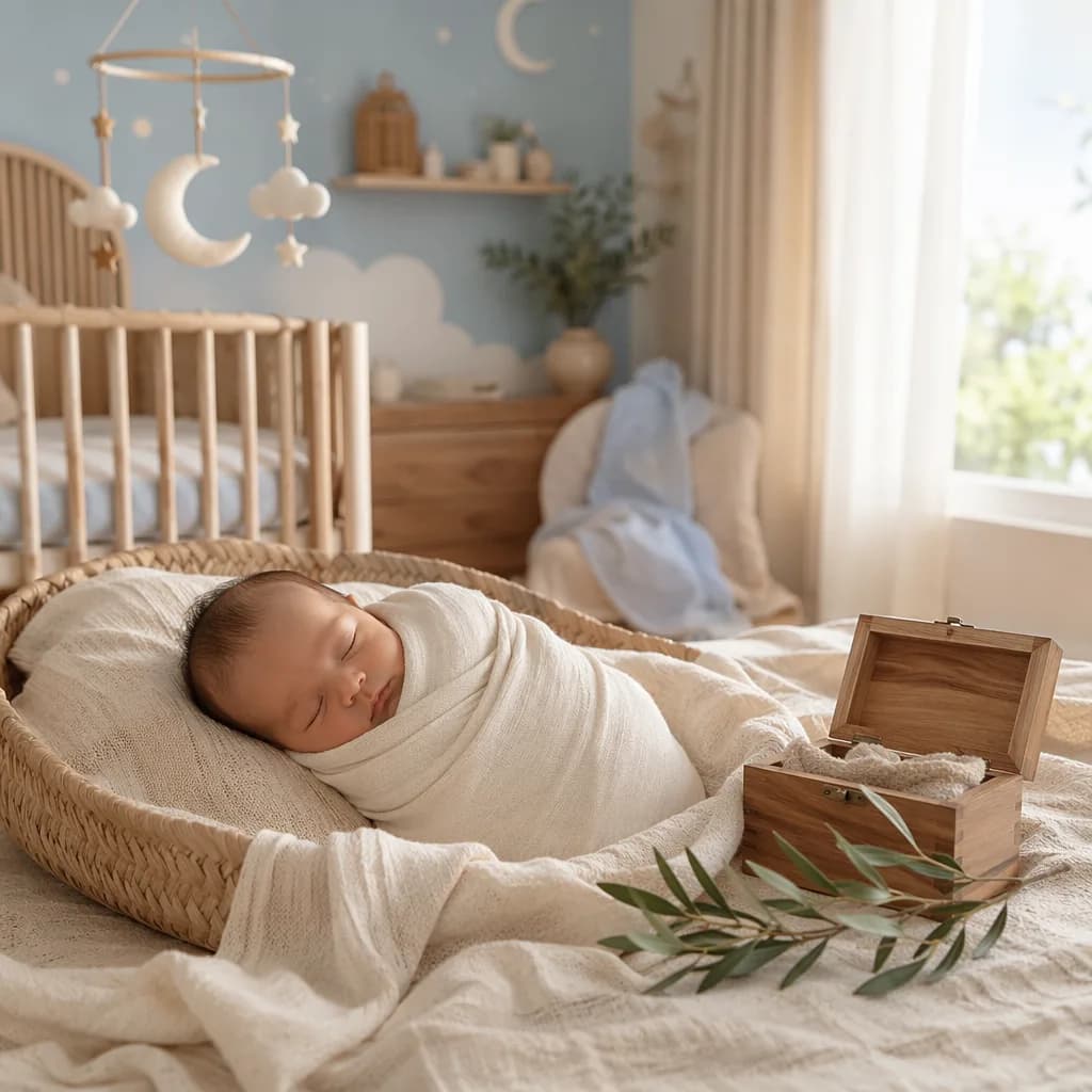 Sleeping swaddled baby in a soft pastel Arabic-inspired nursery with moon and cloud details.