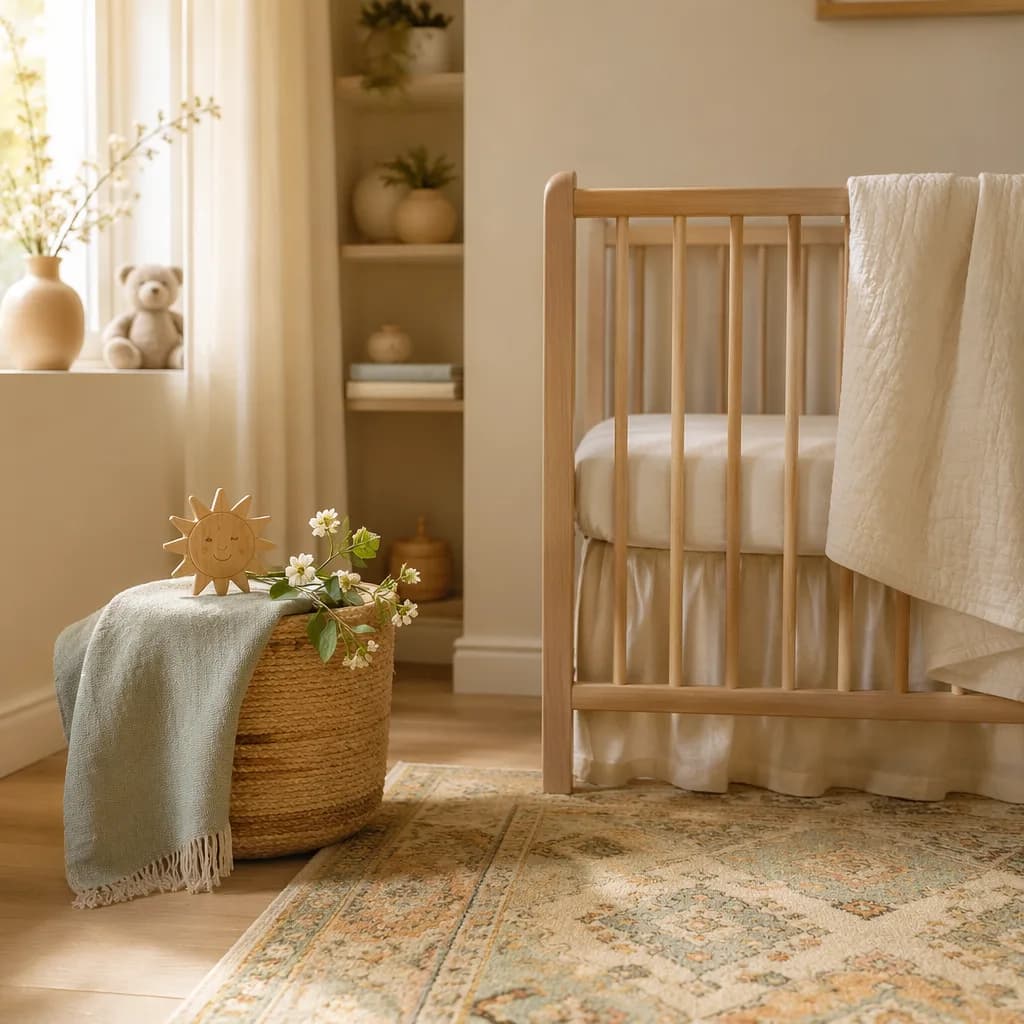Soft Persian-inspired nursery with jasmine, morning light, and cozy pastel baby decor