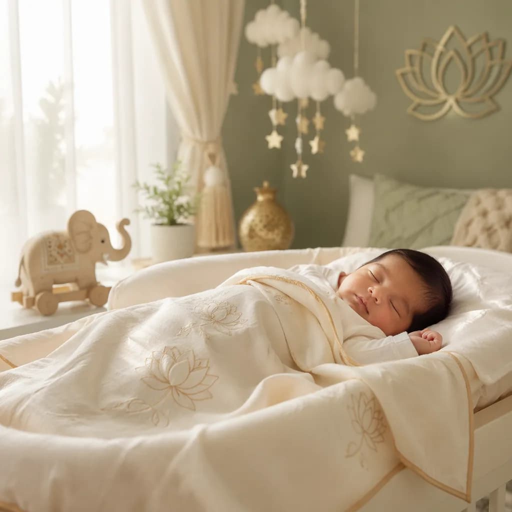Peaceful newborn in a soft pastel Sanskrit-inspired nursery with lotus and elephant details.