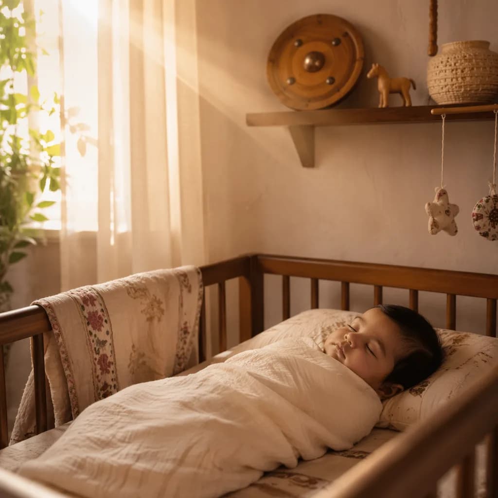 Sleeping baby in a soft Indian-inspired nursery with warm sunlight and cozy pastel decor.