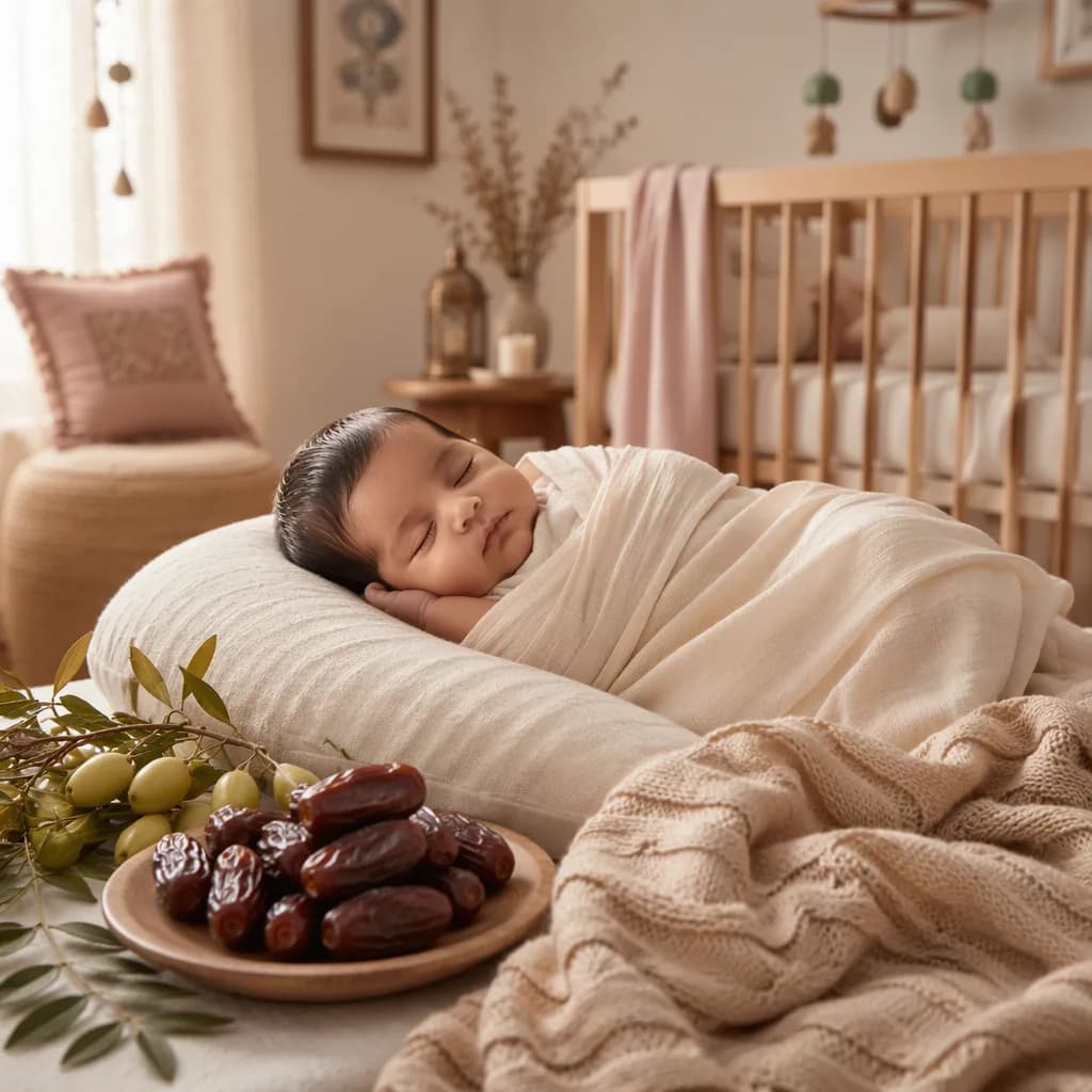 Soft pastel nursery scene with a swaddled baby and symbolic fruit accents.