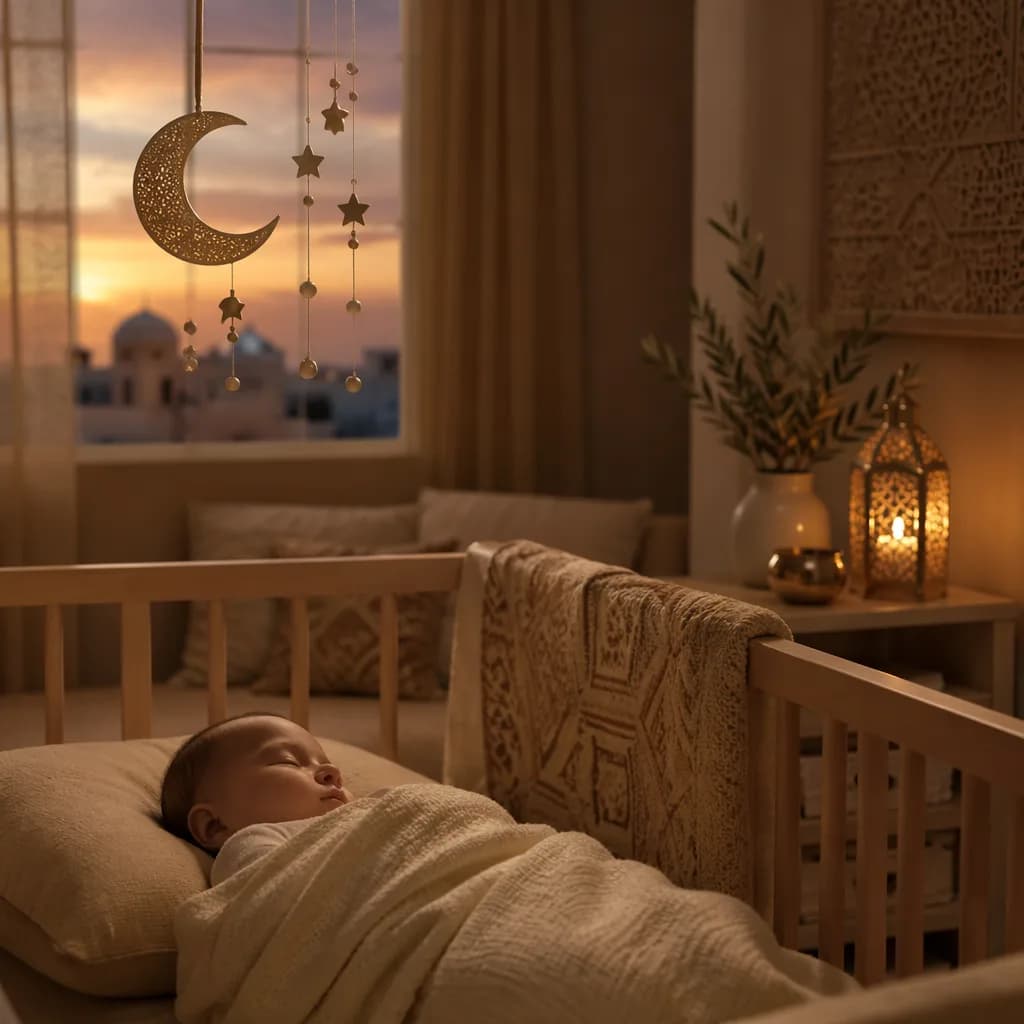 A serene pastel nursery with a swaddled sleeping baby, crescent mobile, and soft lantern light.