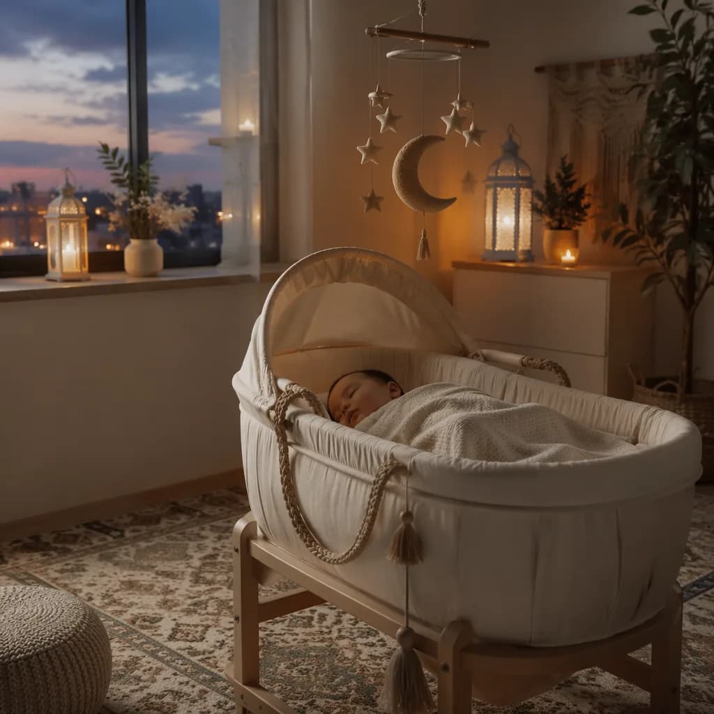 A peaceful baby nursery at dusk with a sleeping newborn, crescent mobile, and soft Arabic-inspired decor.