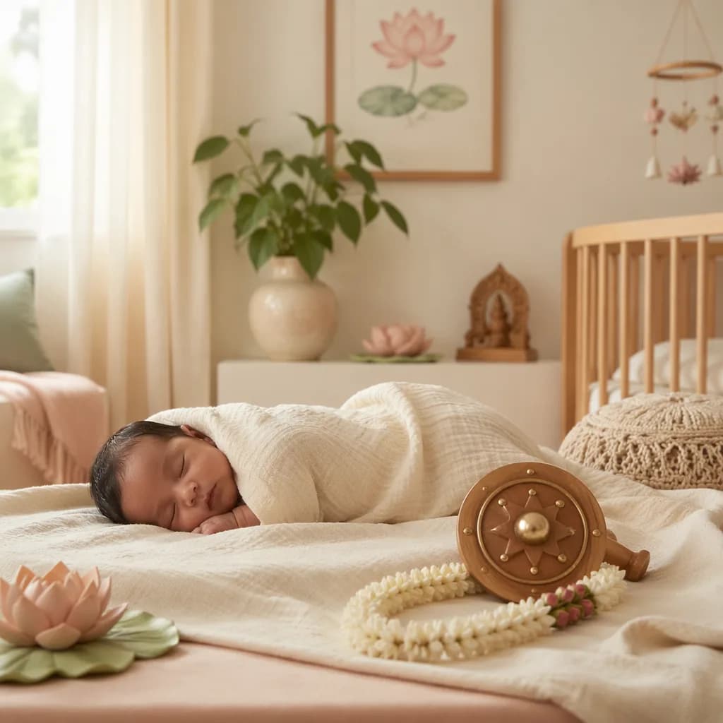 Sleeping baby in a warm pastel nursery with subtle lotus and gentle victory-inspired details