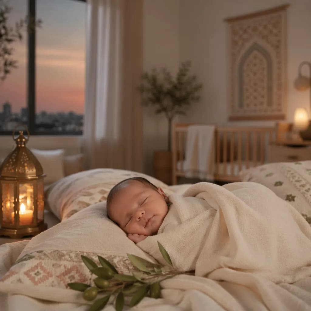 Sleeping baby in a warm pastel nursery with soft evening light and Arabic-inspired decor.