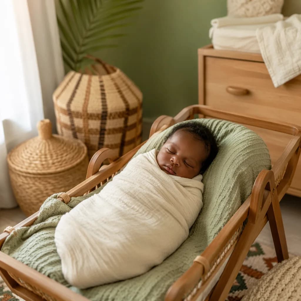 A peacefully sleeping Nigerian newborn in a cozy pastel nursery with woven accents.