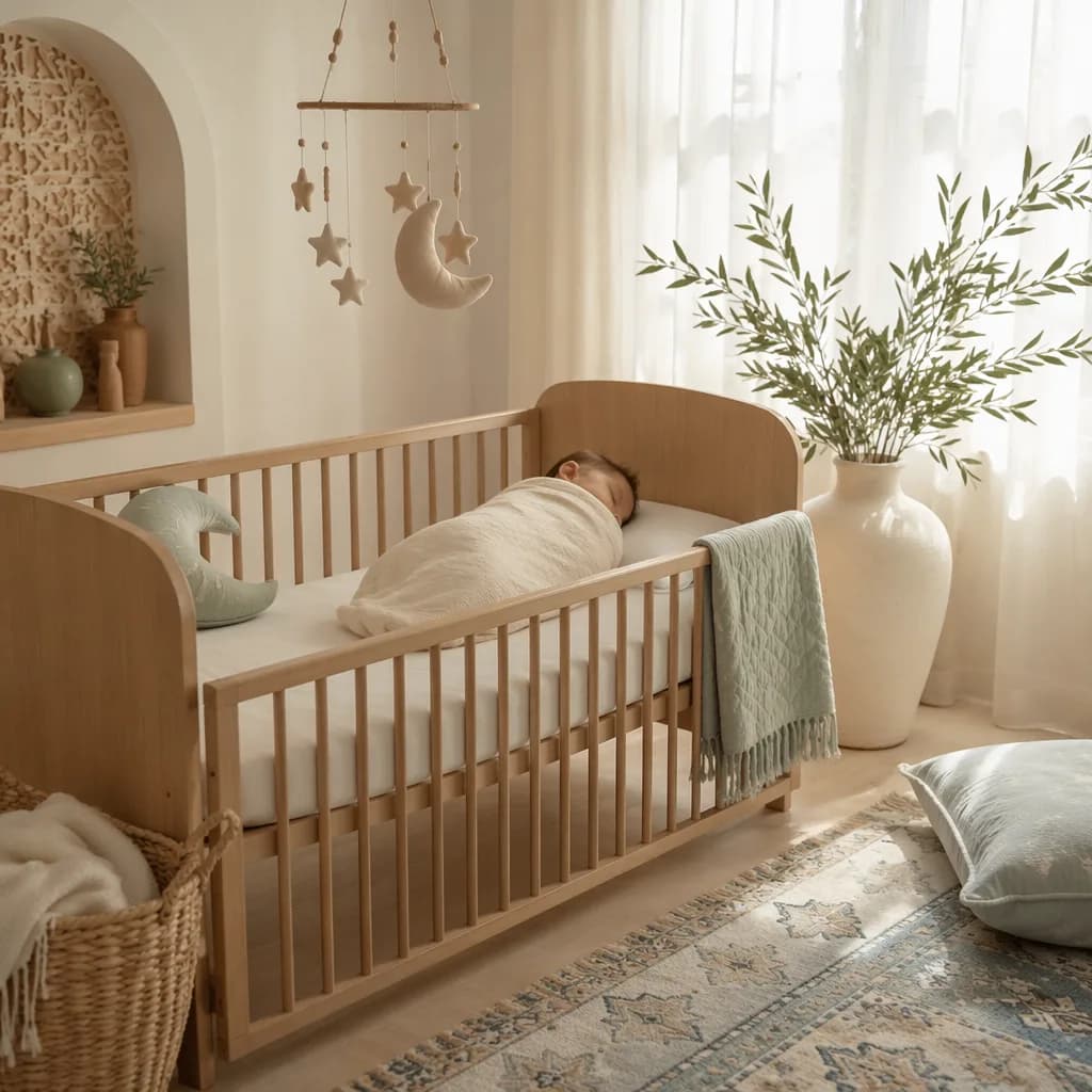 Peaceful Arabic baby nursery with soft pastel decor and gentle natural light.