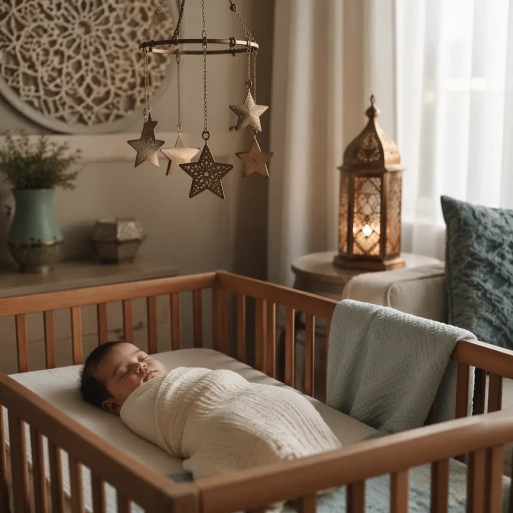 Sleeping baby in a soft Arabic-inspired nursery with warm evening light and gentle pastel decor.