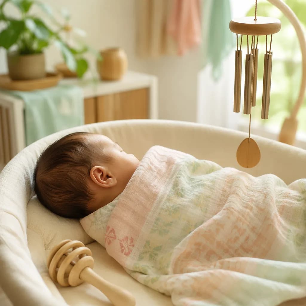 A cozy pastel Bengali-inspired nursery scene with a swaddled newborn and gentle baby chimes.