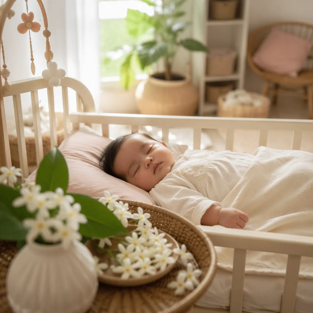 Sleeping Filipino baby in a soft nursery with white sampaguita flowers nearby.