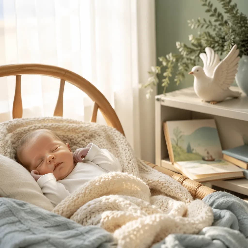 Peaceful newborn in a soft pastel nursery with warm morning light.