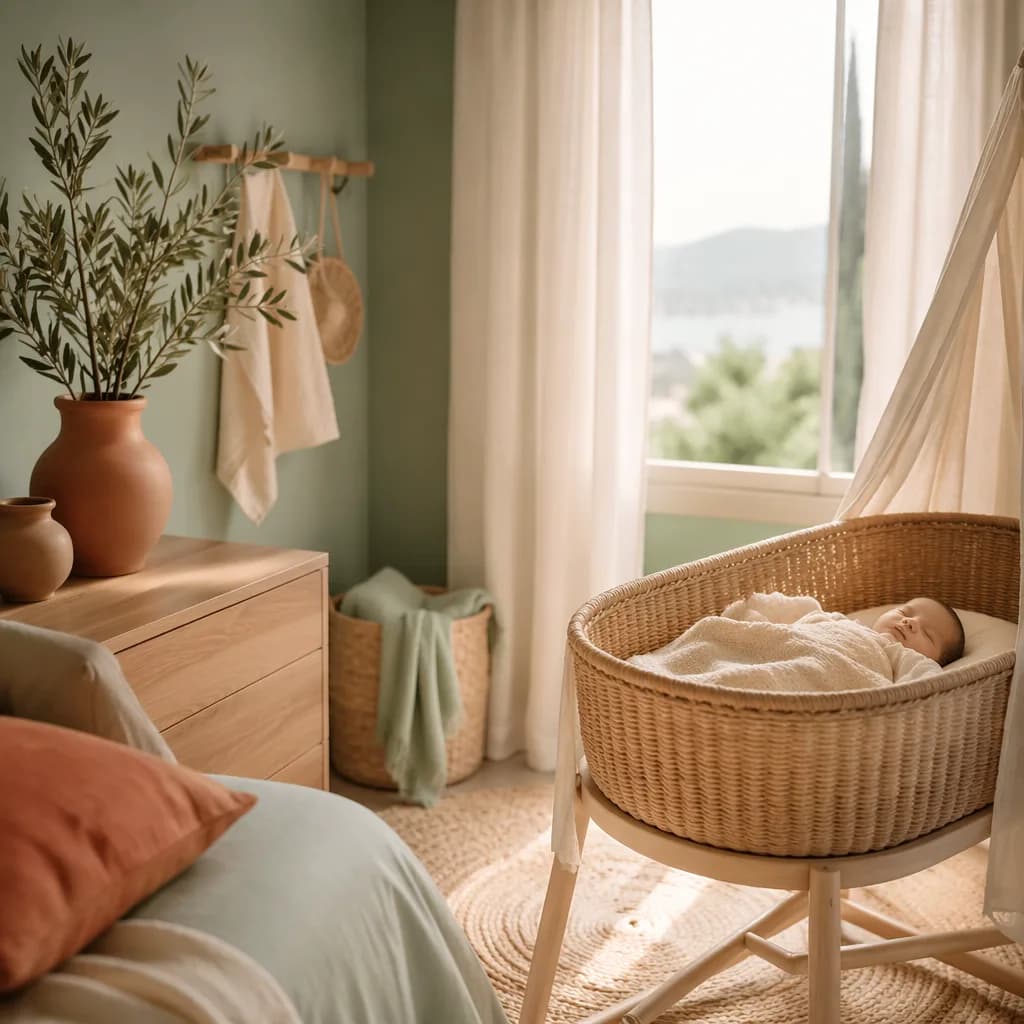 Peaceful Italian-inspired nursery with a sleeping newborn and soft Mediterranean accents.