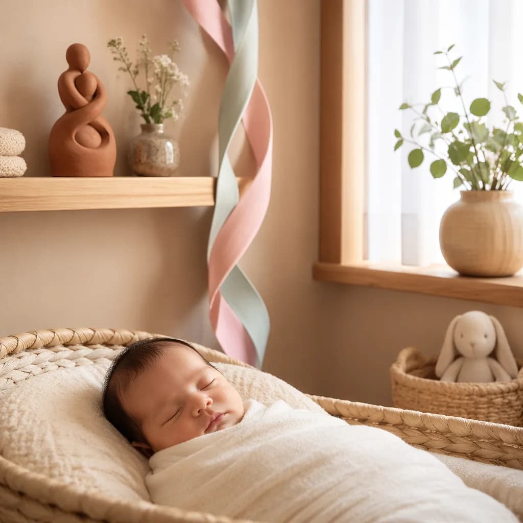 Sleeping swaddled newborn in a warm pastel nursery with symbols of unity and creativity