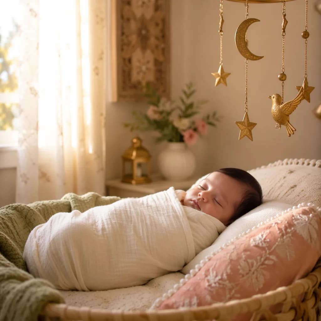 Sleeping newborn in a soft pastel nursery with gentle Urdu-inspired details.